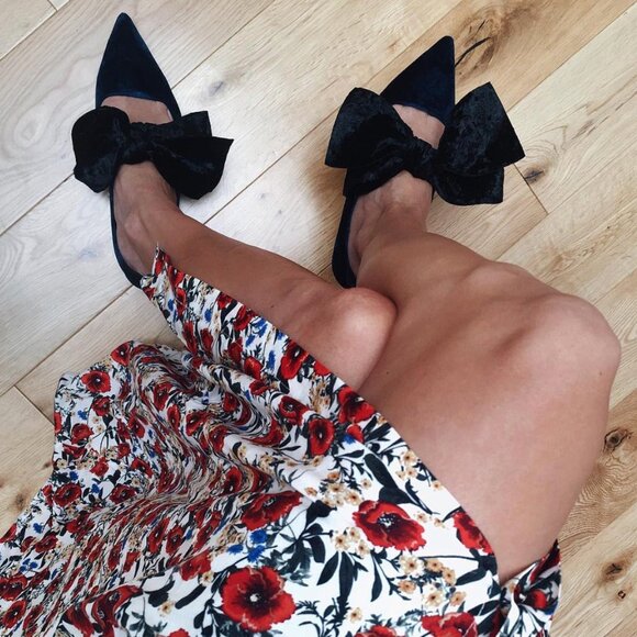 ZARA Velvet Navy Ballerina Flats w Black Velvet Bow Size 39, US 8 - Picture 3 of 11